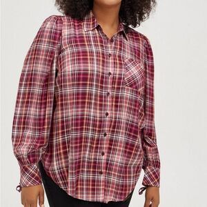 Torrid Puff Sleeve Twill Plaid Shirt Top 2X